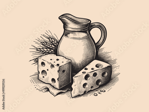 Jug of milk and cheese. Vintage old rural hand drawn illustration, emblem