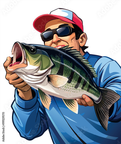 Fisherman holding big fish smiling cartoon illustration-