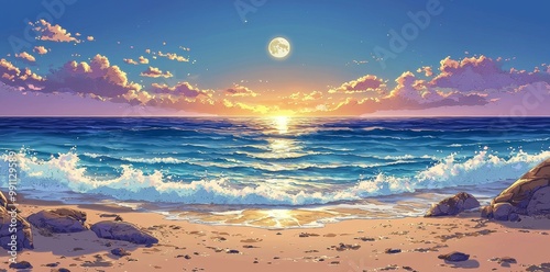 Changing of the night and day over huge stones on a sandy beach at twilight. Wonderful velvet season vacation. Clouds covering the sky with the sun and moon visible in the distance. Waves lapping