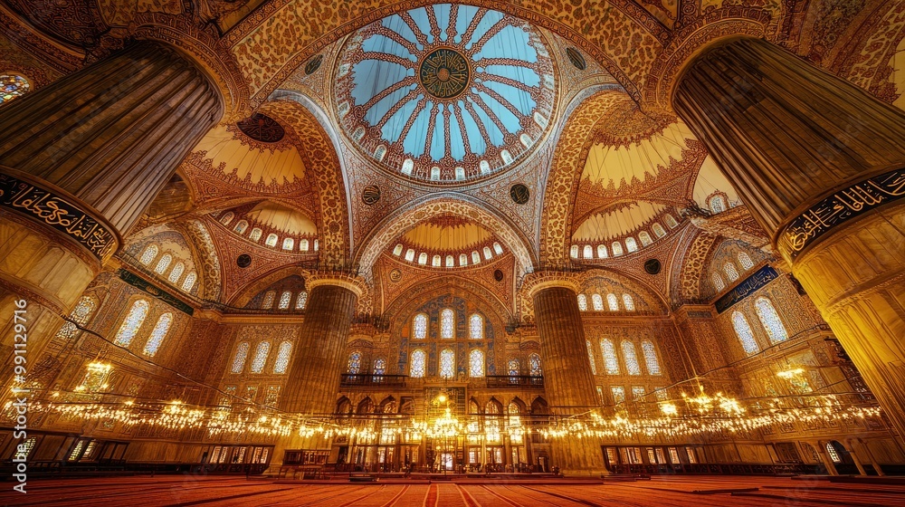Obraz premium Interior view of the Blue Mosque grand dome, showcasing the intricate Islamic art, tiles, and chandeliers.