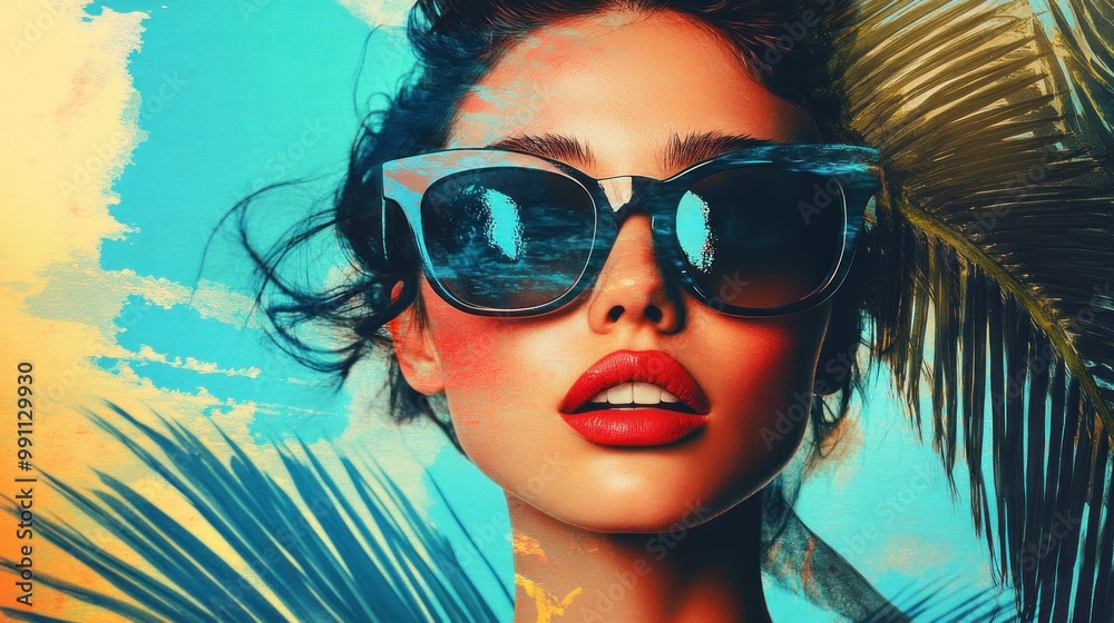 Close up portrait of a young woman with red lips wearing sunglasses against a blue and yellow watercolor background. Close up portrait of a young woman with red lips wearing sunglasses against a blue and yellow watercolor background.