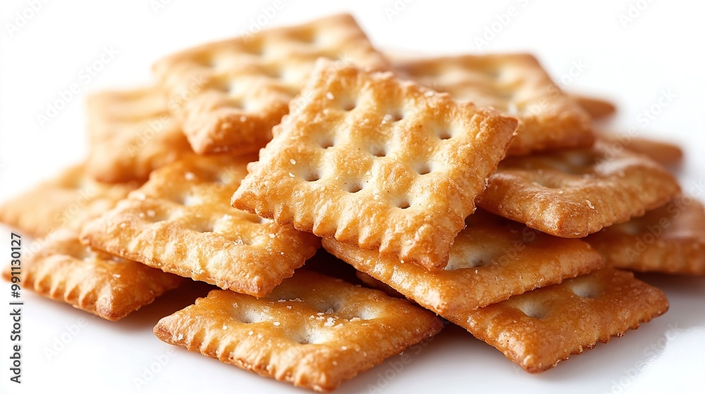 A pile of square crackers offers a snack option on a white background. A pile of square crackers offers a snack option on a white background.