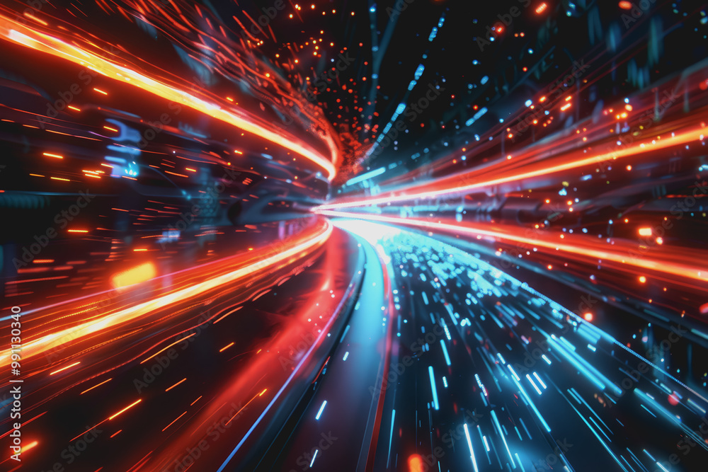 Glossy black surface with glowing red and blue neon lines. represents the data network. Glossy black surface with glowing red and blue neon lines. represents the data network.