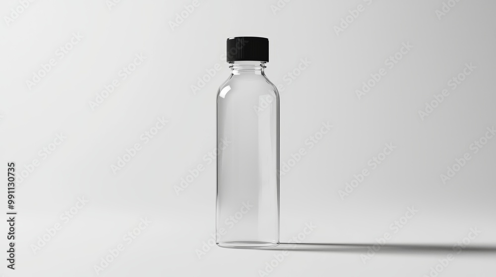 Sleek transparent plastic bottle with a black cap on a white background, emphasizing minimalism and purity. Sleek transparent plastic bottle with a black cap on a white background, emphasizing minimalism and purity.
