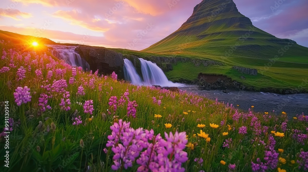 Obraz premium Kirkjufell mountain towering above a field of wildflowers, with the nearby waterfalls rushing down the cliffs.