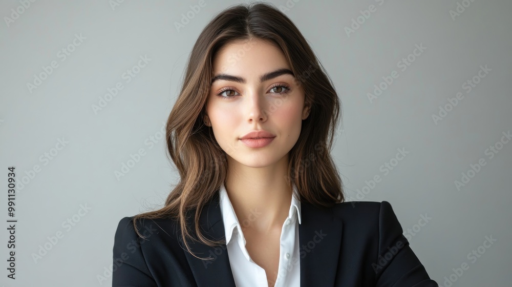 A young woman with long brown hair, wearing a black blazer and a white collared shirt, looks directly at the camera against a light grey background. A young woman with long brown hair, wearing a black blazer and a white collared shirt, looks directly at the camera against a light grey background.
