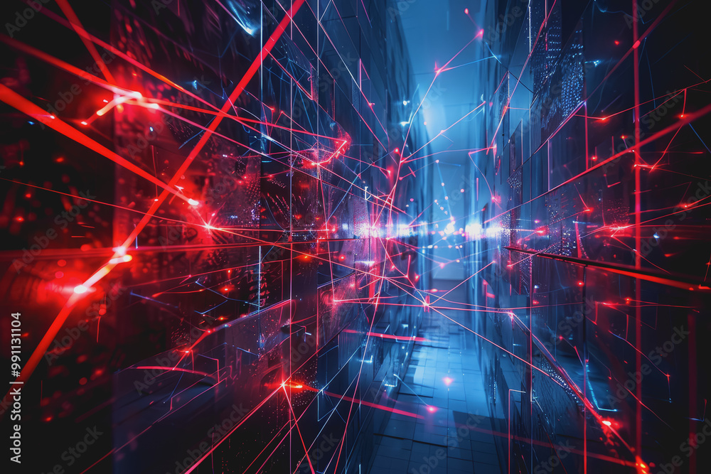 Obraz premium Glossy black surface with glowing red and blue neon lines. represents the data network.