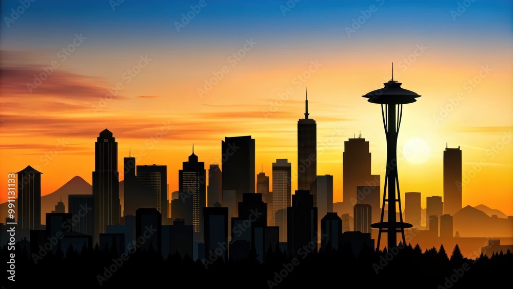 Seattle skyline silhouette against the morning sky, Seattle, skyline, buildings, cityscape, morning, dawn Seattle skyline silhouette against the morning sky, Seattle, skyline, buildings, cityscape, morning, dawn