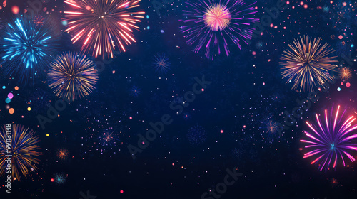 celebration background with fireworks in various bright colors. Spectacular amazing fireworks illuminating dark sky. Vibrant collection of festive fireworks bursting in night sky. Festival. Copy space