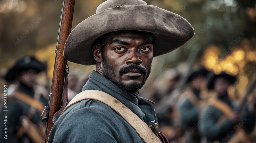 A close up portrait of a historical soldier in uniform holding a musket. A close up portrait of a historical soldier in uniform holding a musket.
