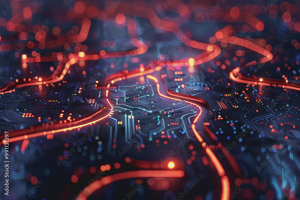Glossy black surface with glowing red and blue neon lines. represents the data network. Glossy black surface with glowing red and blue neon lines. represents the data network.