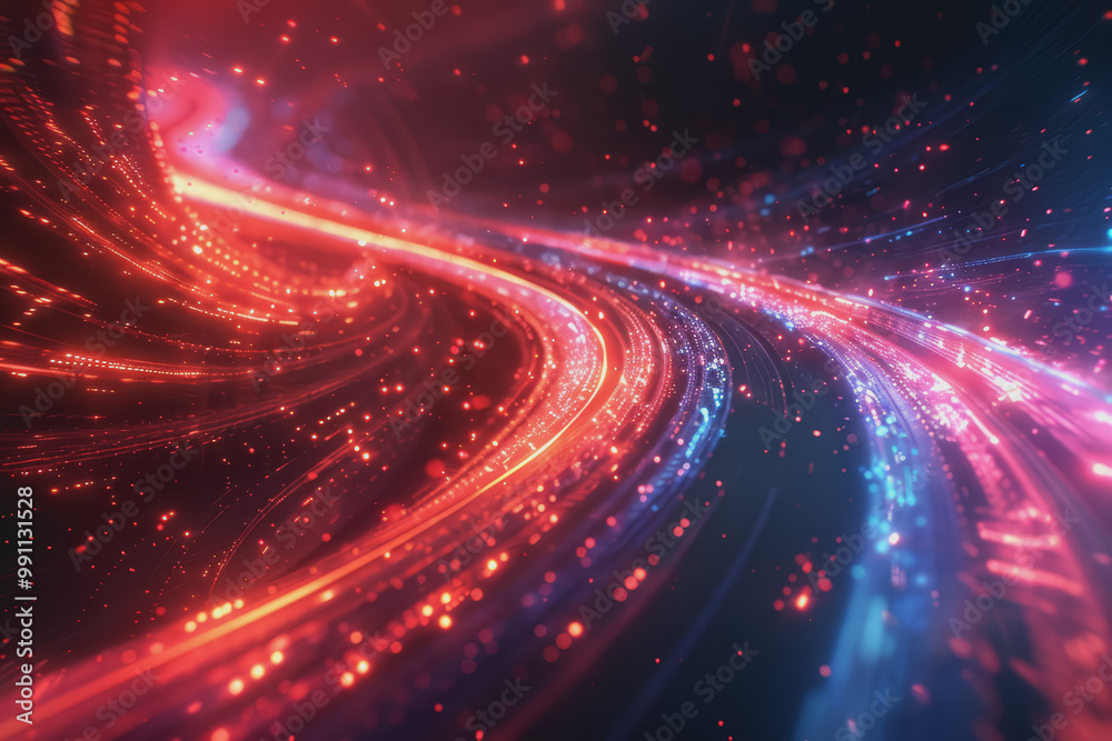 Glossy black surface with glowing red and blue neon lines. represents the data network. Glossy black surface with glowing red and blue neon lines. represents the data network.