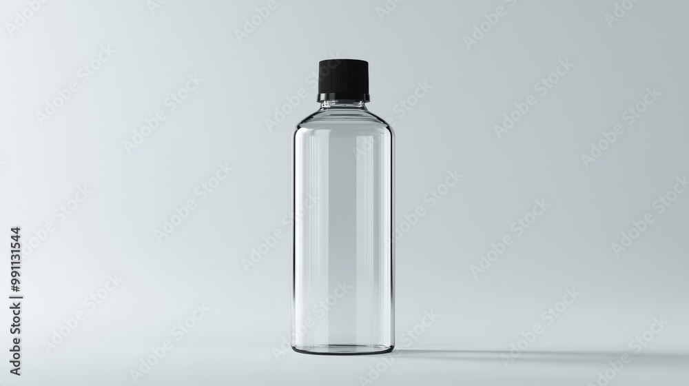 Sleek transparent plastic bottle with a black cap on a white background, emphasizing minimalism and purity. Sleek transparent plastic bottle with a black cap on a white background, emphasizing minimalism and purity.