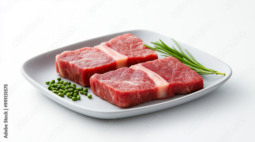 Fresh beef cuts on plate with green onions and chives, showcasing rich red color and marbling of meat. Perfect for culinary presentations or recipes. Fresh beef cuts on plate with green onions and chives, showcasing rich red color and marbling of meat. Perfect for culinary presentations or recipes.