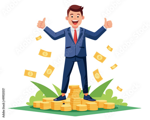 Successful businessman celebrating on a pile of coins with money falling around him