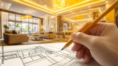 The blueprint for the project, a sketch of a modern living room, hand-painted details, a design concept idea, a parquet floor, a kitchen, dining room with chairs, a sofa, and custom-made furniture
