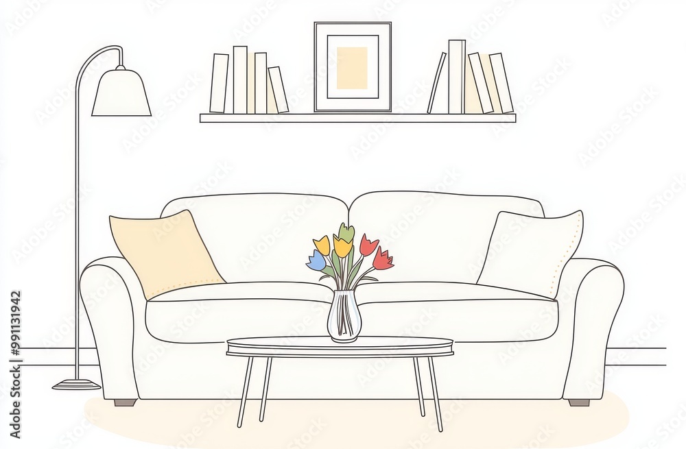 Living room with sofa, table, and shelf units. Interior design. Living room with sofa, table, and shelf units. Interior design.