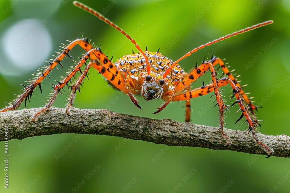 Spiky Orange Insect with Black and White Markings on a Branch Spiky Orange Insect with Black and White Markings on a Branch