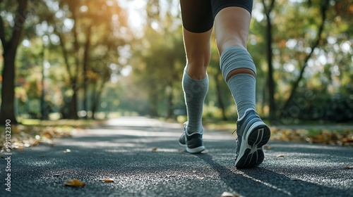 Woman's legs walking on paved path in park with trees.