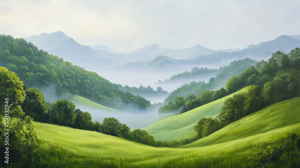 Obraz premium Serene Valley Vista: Verdant hills roll under a dramatic sky, a tapestry of nature's tranquility. 