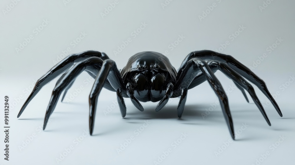 Closeup of a black spider with hairy legs on a white background.