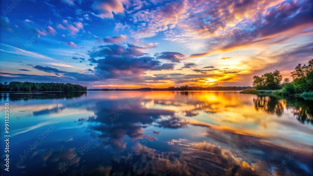 Fototapeta premium Expansive lake scene at twilight with stunning sky colors reflecting in still waters creating serenity