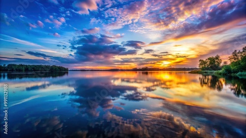 Expansive lake scene at twilight with stunning sky colors reflecting in still waters creating serenity