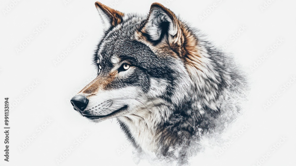 Close-up portrait of a wolf with a white background. Close-up portrait of a wolf with a white background.