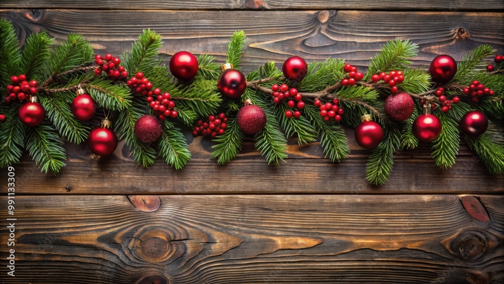 Rustic Christmas garland with red ornaments and berries on dark wood background Rustic Christmas garland with red ornaments and berries on dark wood background