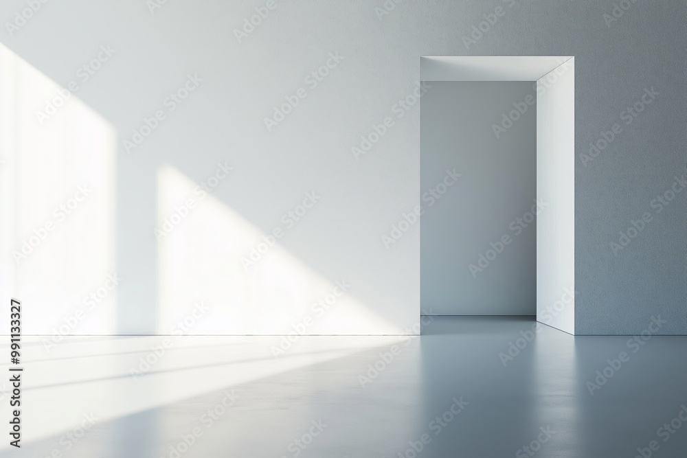 Bright sunlight streams through an open white doorway, casting long, clear shadows on a minimalistic interior floor. Bright sunlight streams through an open white doorway, casting long, clear shadows on a minimalistic interior floor.