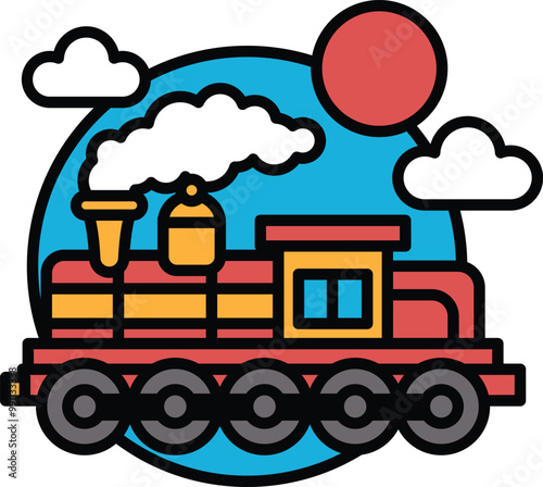 A train with a red engine and yellow caboose