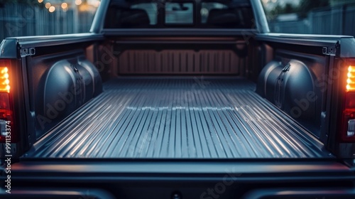 Empty truck bed with black bed liner and taillights.