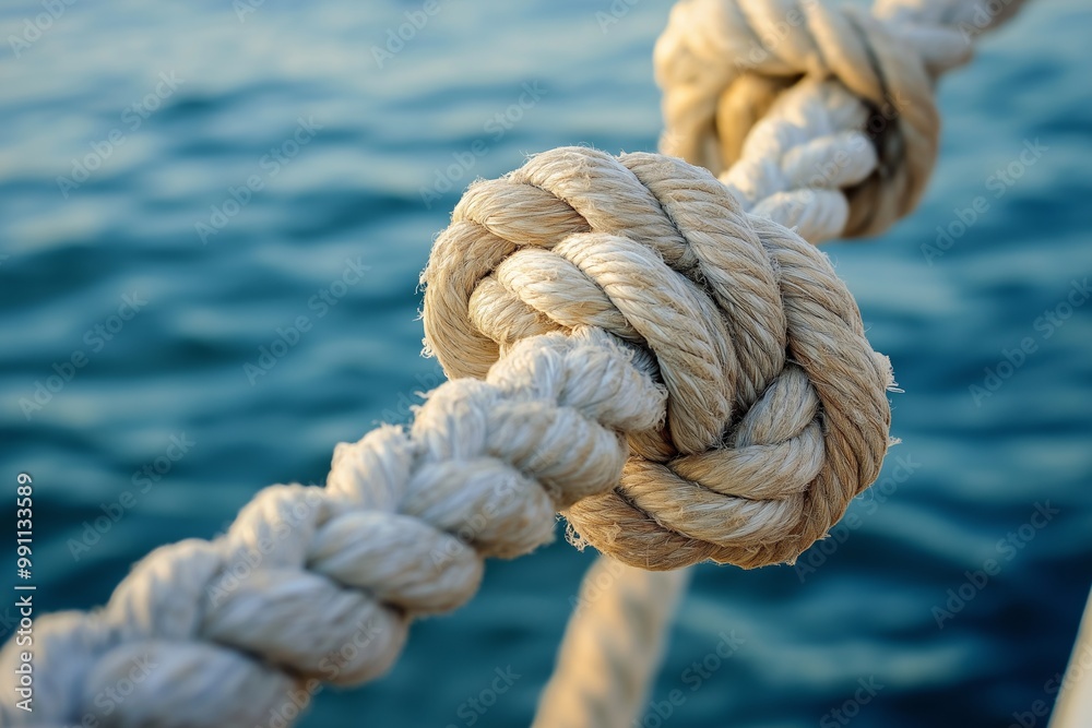 Detailed view of a tightly tied rope knot with calming water in the background, symbolizing strength and connection.