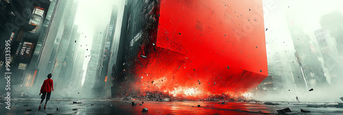 A lone figure walks away from a futuristic city ravaged by a fiery red explosion. photo