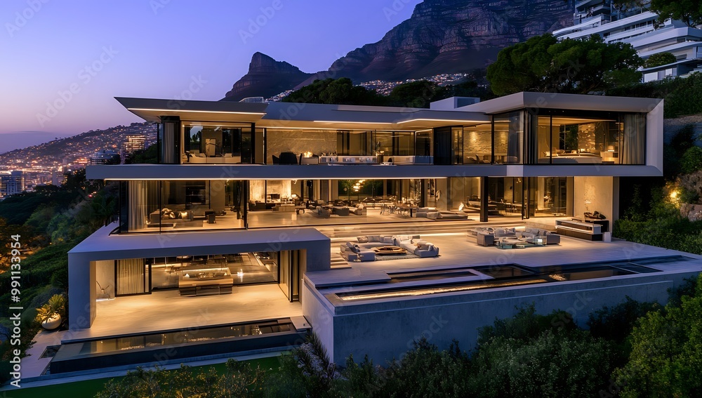 Modern luxury villa overlooking a city with a mountain background at dusk.