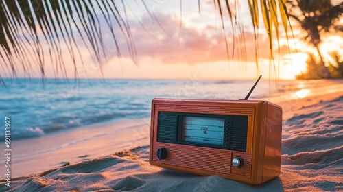 Vintage radio on the beach with a sunset background. photo