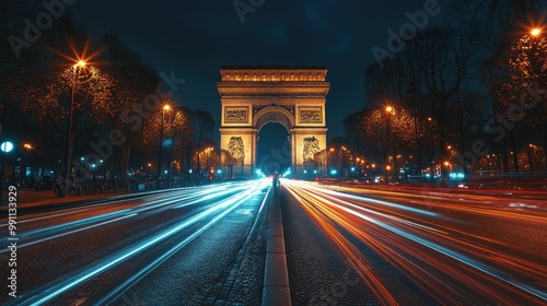 Nighttime view of the Arc de Triomphe illuminated by streetlights, with traffic lights creating trails of light around the monument.