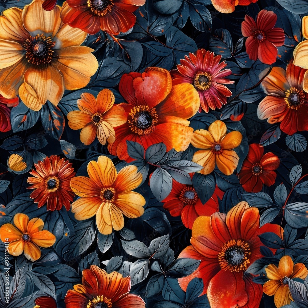 Vibrant autumnal floral background with a lush array of colorful blooming flowers and foliage Overhead view of a diverse botanical composition in shades of orange red and yellow Vibrant autumnal floral background with a lush array of colorful blooming flowers and foliage Overhead view of a diverse botanical composition in shades of orange red and yellow