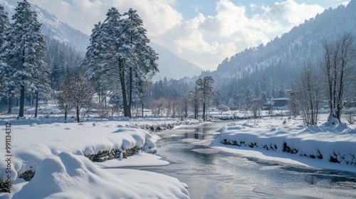 Pahalgam in winter, with snow-blanketed meadows, frozen rivers, and tall trees standing silently in the white landscape.