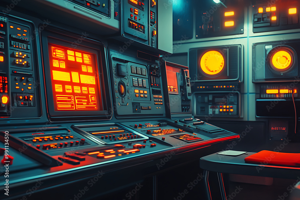 Charming background with a retro-futuristic AI control room, featuring vintage computers, flashing buttons, and a blend of old and new technology Charming background with a retro-futuristic AI control room, featuring vintage computers, flashing buttons, and a blend of old and new technology