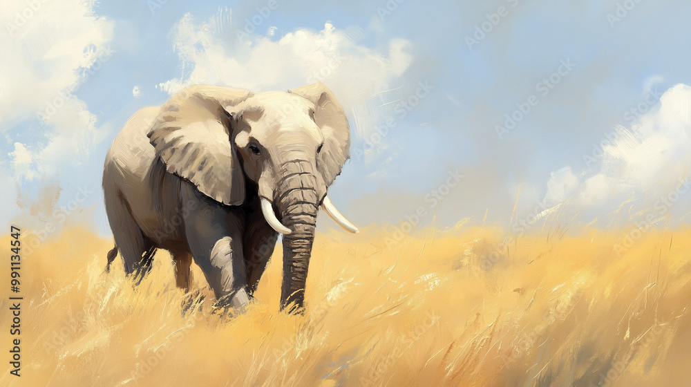 Fototapeta premium African Elephant in Grassland: A majestic African elephant stands tall against a backdrop of golden grasslands and a clear blue sky, evoking feelings of grandeur and wildlife wonder. 