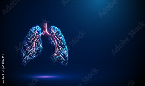 Abstract blue lungs with red human bronchial tree structure. Lungs anatomy, left and right bronchus, bronchioles, trachea Healthcare medical concept.