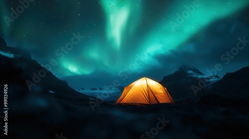 A glowing yellow tent under a bright display of the Northern Lights in a mountain landscape at night, creating a magical scene.