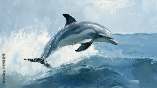 Dolphin Leaping Through Waves:  A majestic dolphin leaps out of the water, its sleek body cutting through the waves with grace and power. The blue ocean stretches out behind it. photo