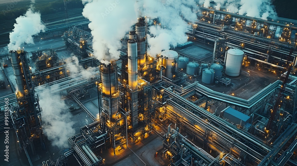 A large industrial plant with smoke billowing from it. The smoke is coming from the top of the plant A large industrial plant with smoke billowing from it. The smoke is coming from the top of the plant