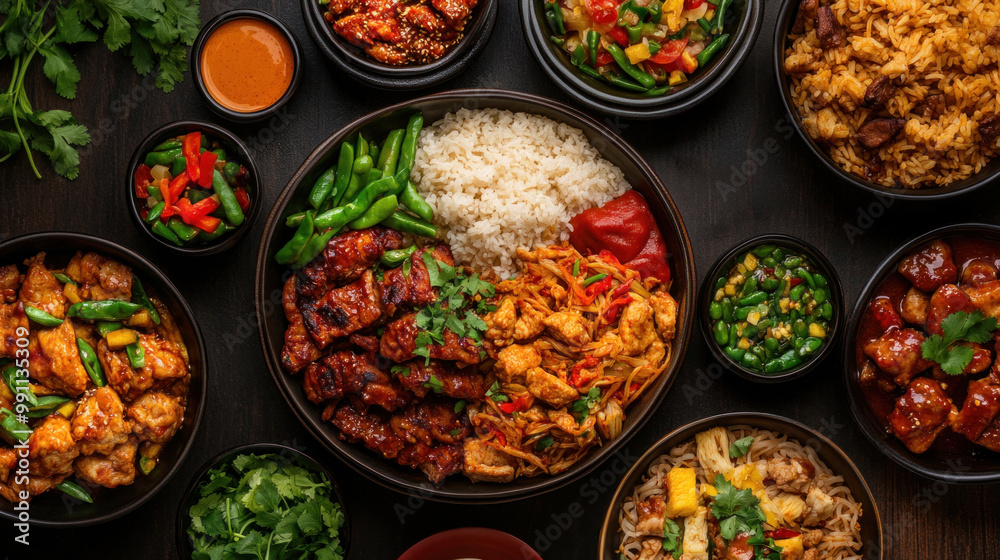 A family enjoying a traditional meal together around a table filled with Asian dishes A family enjoying a traditional meal together around a table filled with Asian dishes