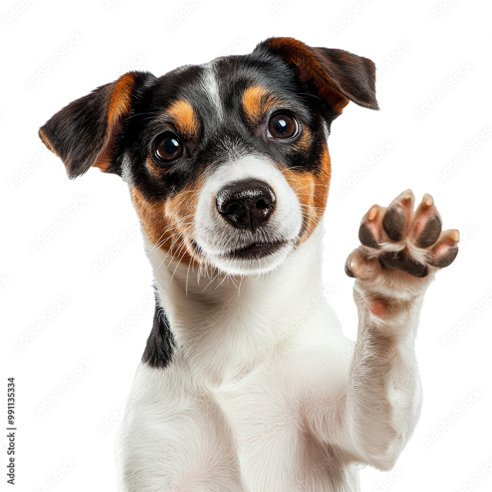 custom made wallpaper toronto digitalFunny small dog with raised high paw showing high five gesture isolated on white background. Jack Russell Terrier shows Hi gesture. Pet greeting his owner