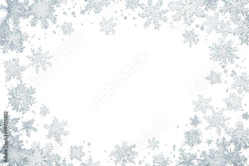 Obraz na płótnie Festive frame made of snowflakes isolated on transparent background. Border with copy space. Winter wallpaper w salonie