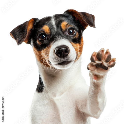 Obraz na płótnie Funny small dog with raised high paw showing high five gesture isolated on white background. Jack Russell Terrier shows Hi gesture. Pet greeting his owner w salonie