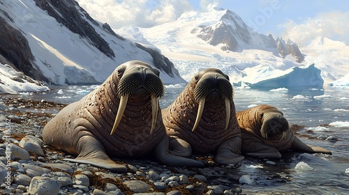 Three walruses resting on a rocky Antarctic shore with icy mountains background.